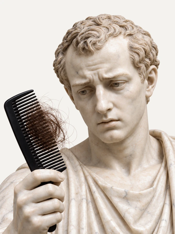 Statua in marmo di un ragazzo che guarda preoccupato un pettine pieno di capelli.