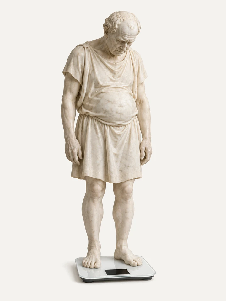 Statua in marmo di un uomo con la pancia, in piedi su una bilancia vera.