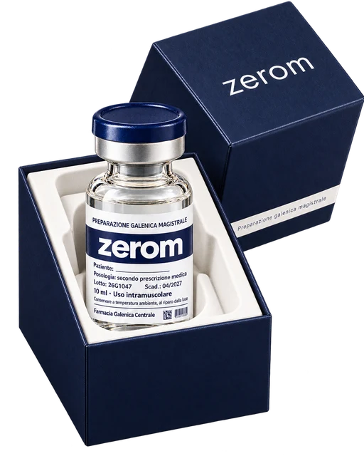 La scatola Zerom aperta con la fiala della terapia preparata dalla farmacia.